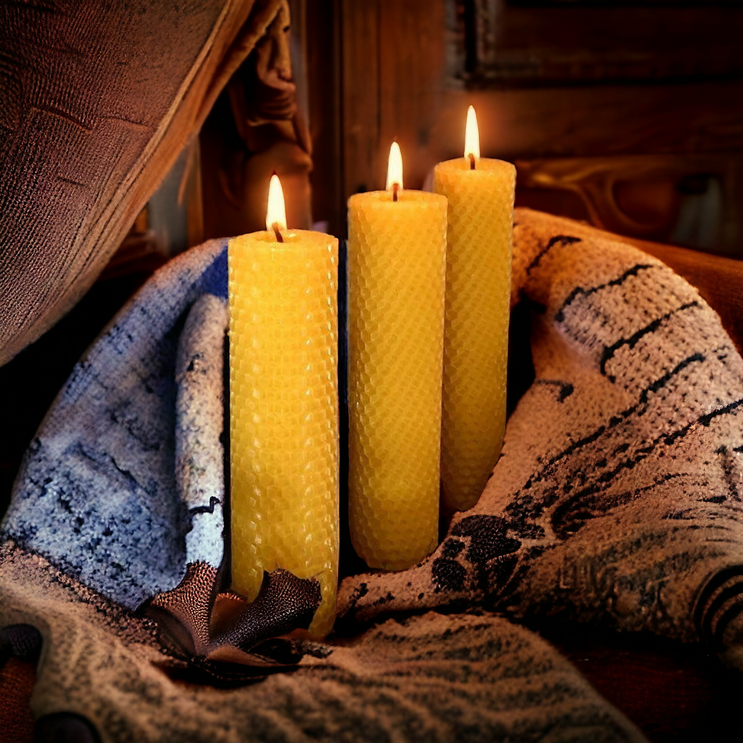 12 large ritual candle boxes, Beeswax candles, Hand-Rolled Comb Candles